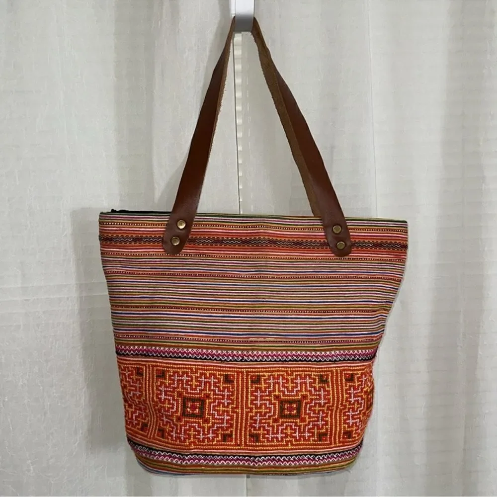 Casual Cat Handmade Cross Stitch Embroidered Vibrant Fair Trade Folk Art Tote